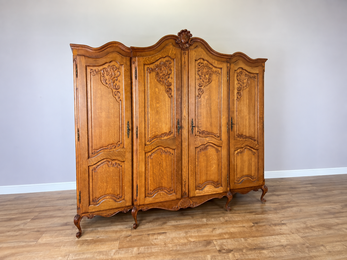 Wardrobe Vintage French Louis XVI Style Oak Four Door Carved Armoire LOT 6496
