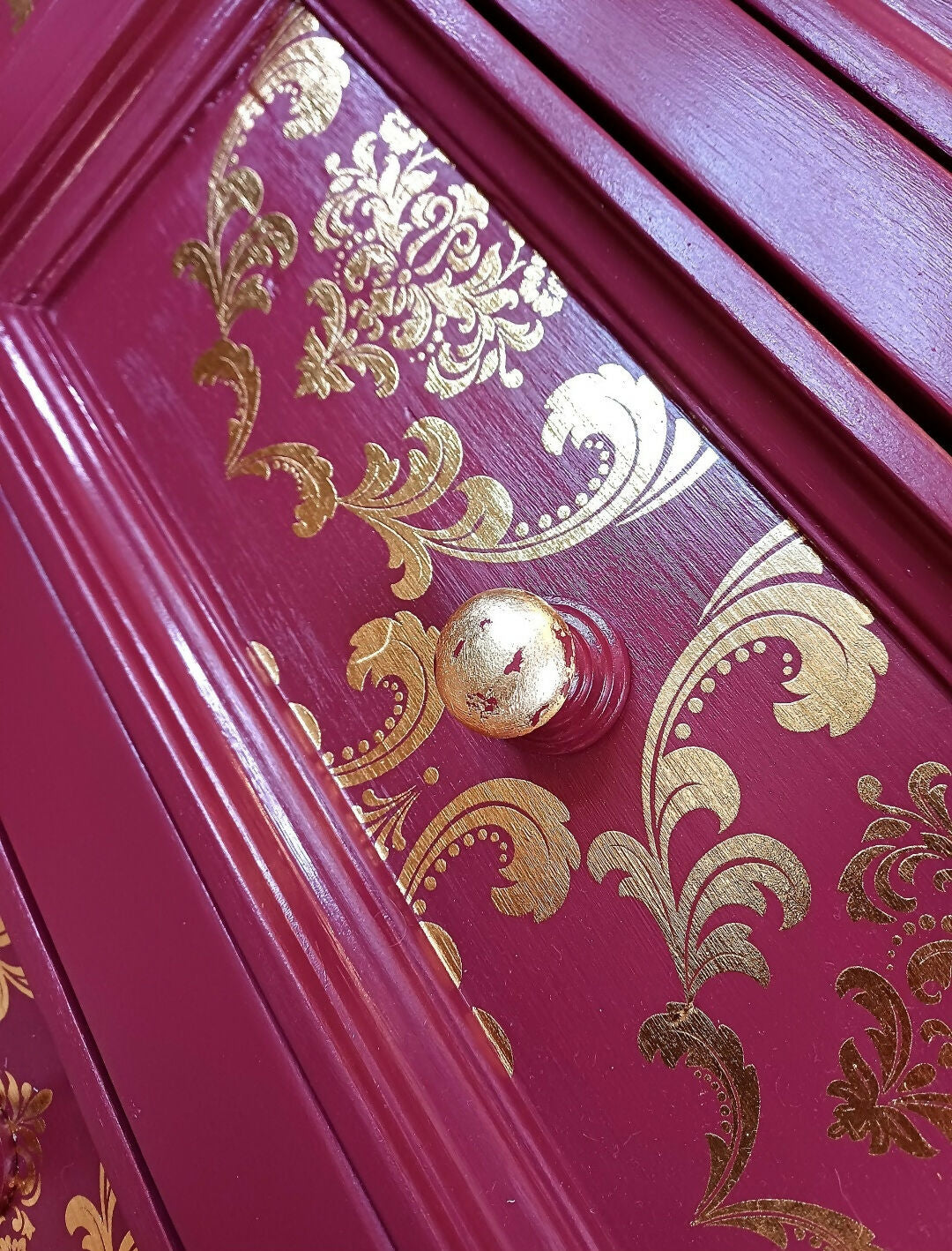Upcycled Burgandy and Gold Chest of Drawers with Damask Design