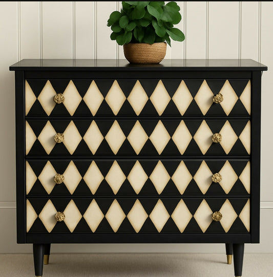 SOLD - Hand Painted Vintage Mid-Century Chest of Drawers Dresser Buffet Storage Black decoupage