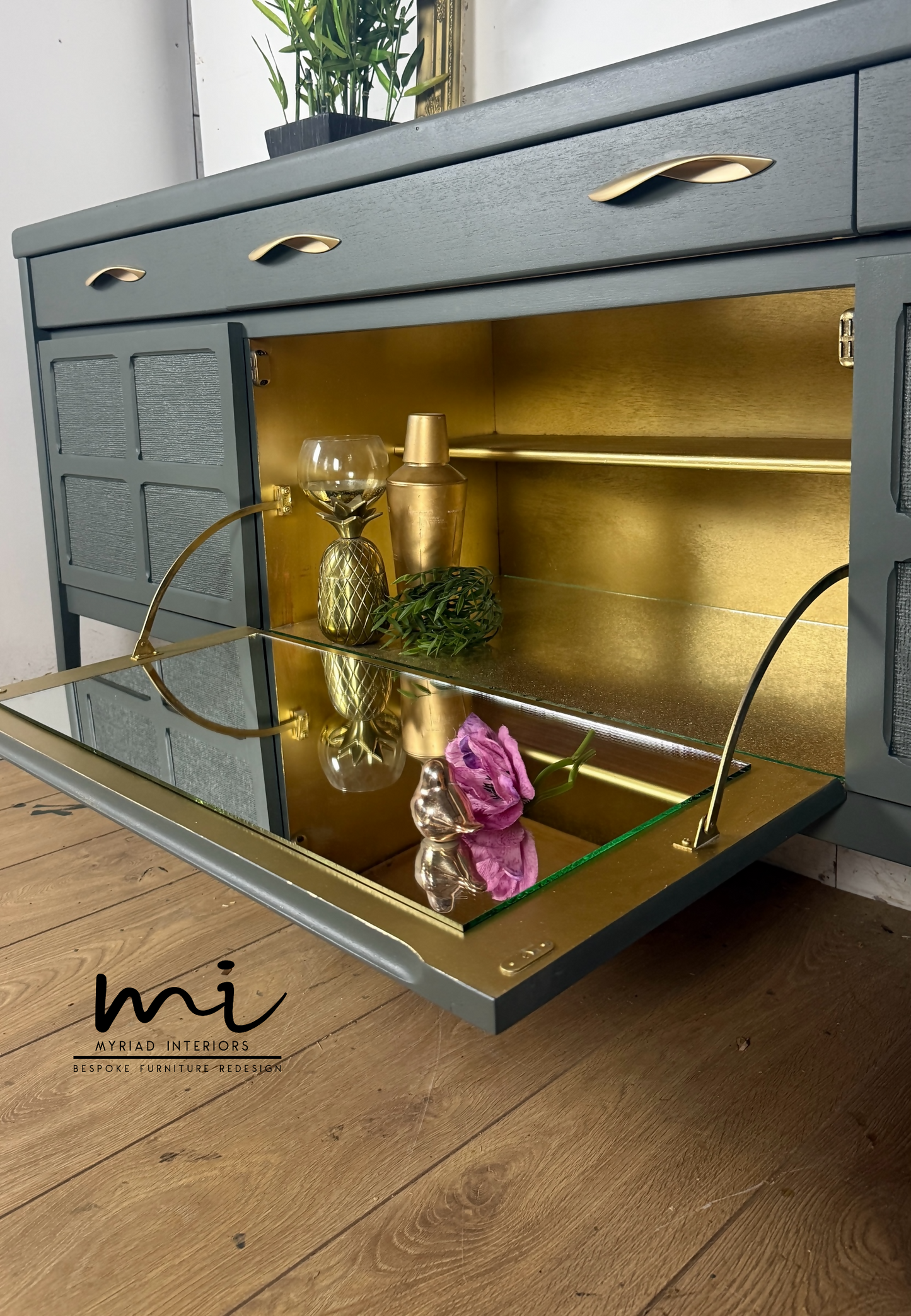 Refinished Mid Century Deep Olive Green Large Nathan Sideboard with drinks cabinet
