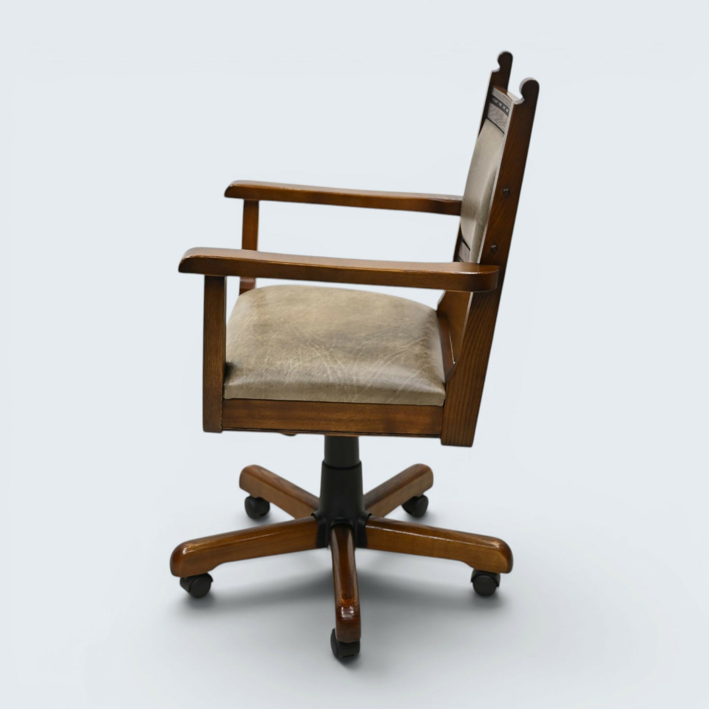 Vintage Wood Bros Old Charm Captains Office Chair Green Hide Leather Tilt Swivel