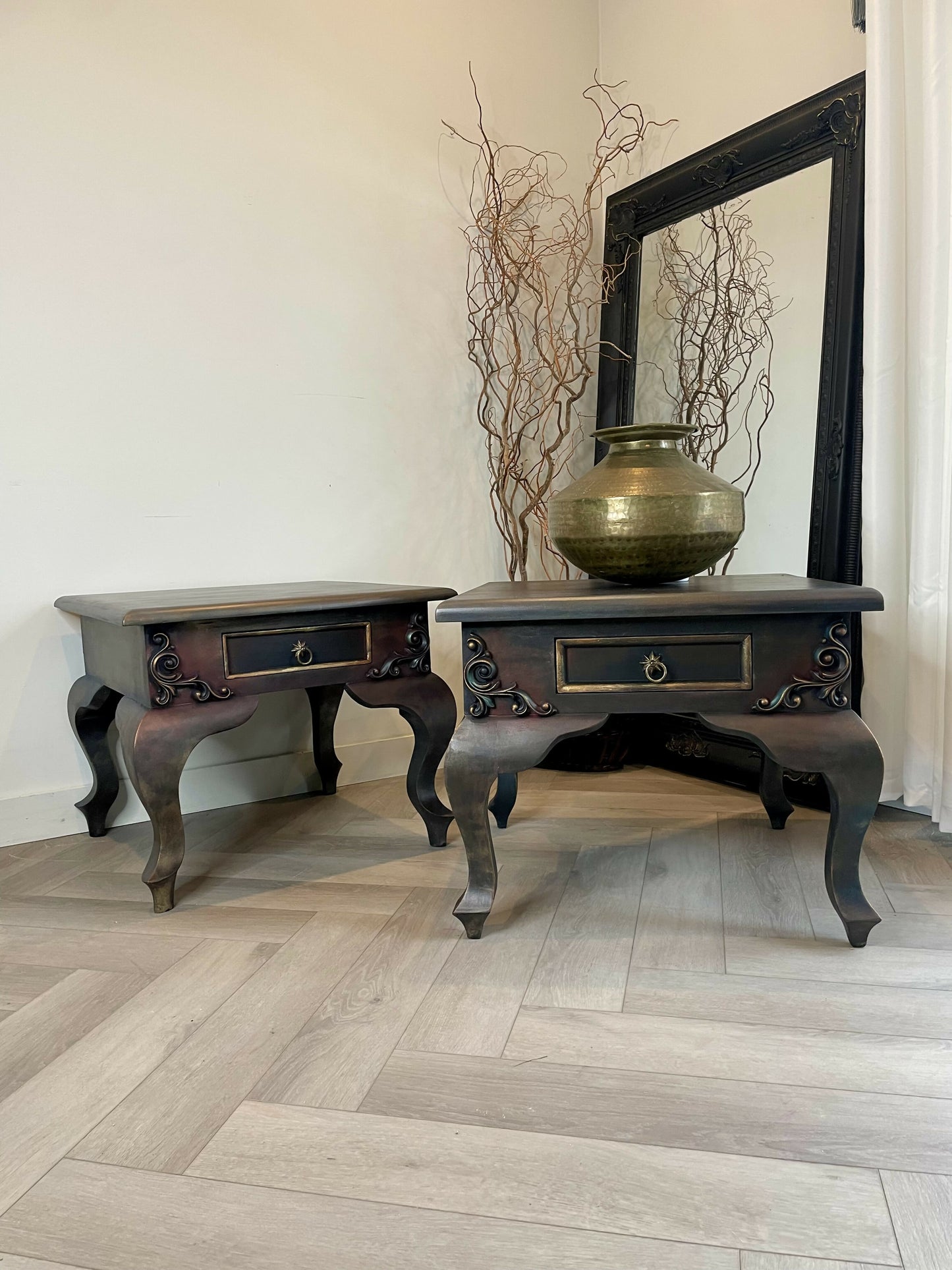 Vintage hand-painted side tables. Pair of french style bedside tables. Metallic finish