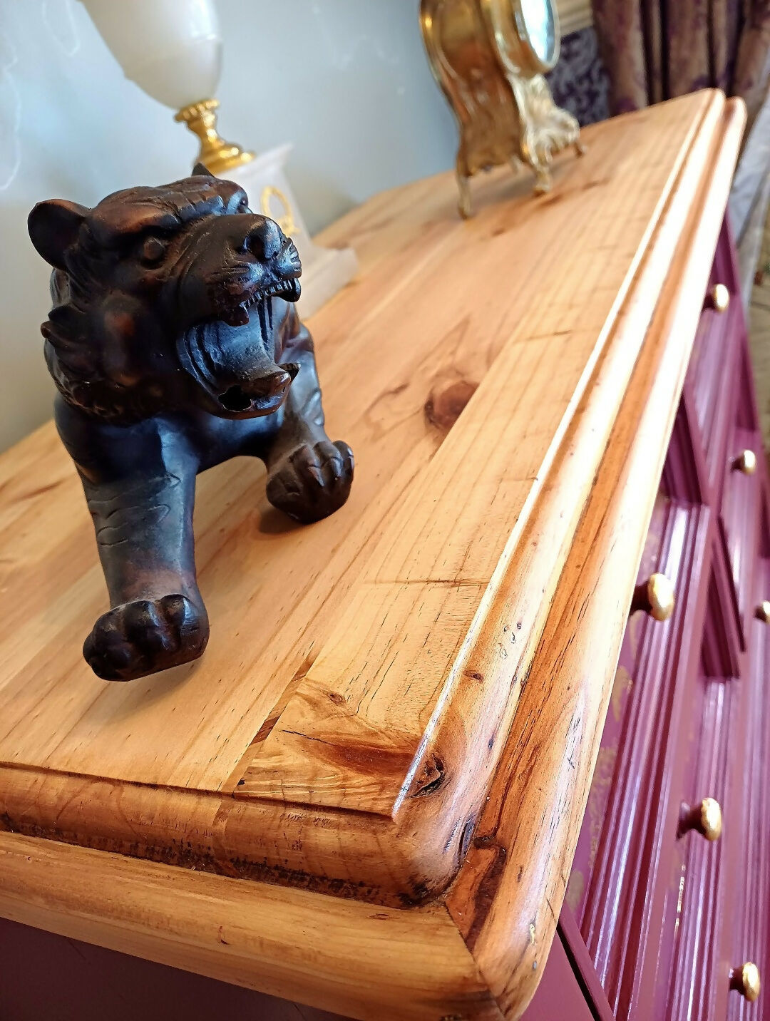 Upcycled Burgandy and Gold Chest of Drawers with Damask Design