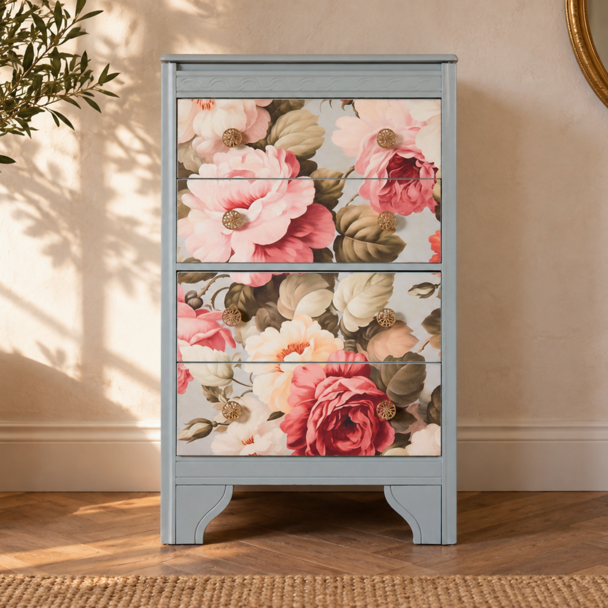 Vintage Lebus Dressing Chest, Chest of Drawers, Lift-Up Mirror, Floral Upcycled Furniture