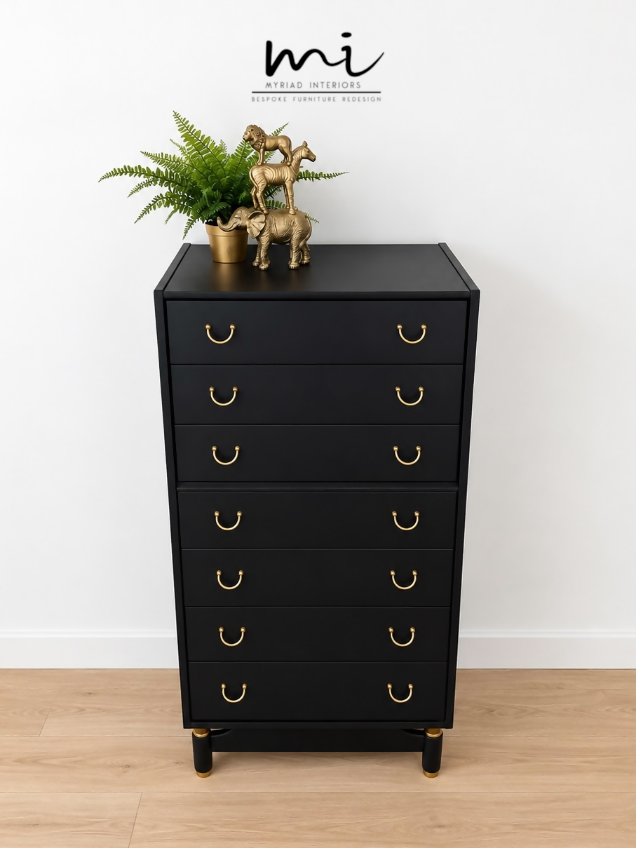 Refurbished Matte Black G Plan E Gomme tallboy chest of drawers, dresser, bedroom furniture, sideboard, brass, mid century modern, Vintage