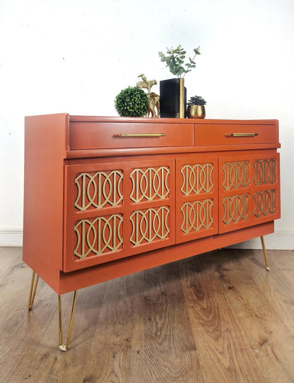 Midcentury modern nathan sideboard. Teak furniture, cocktail cabinet, orange furniture, media unit
