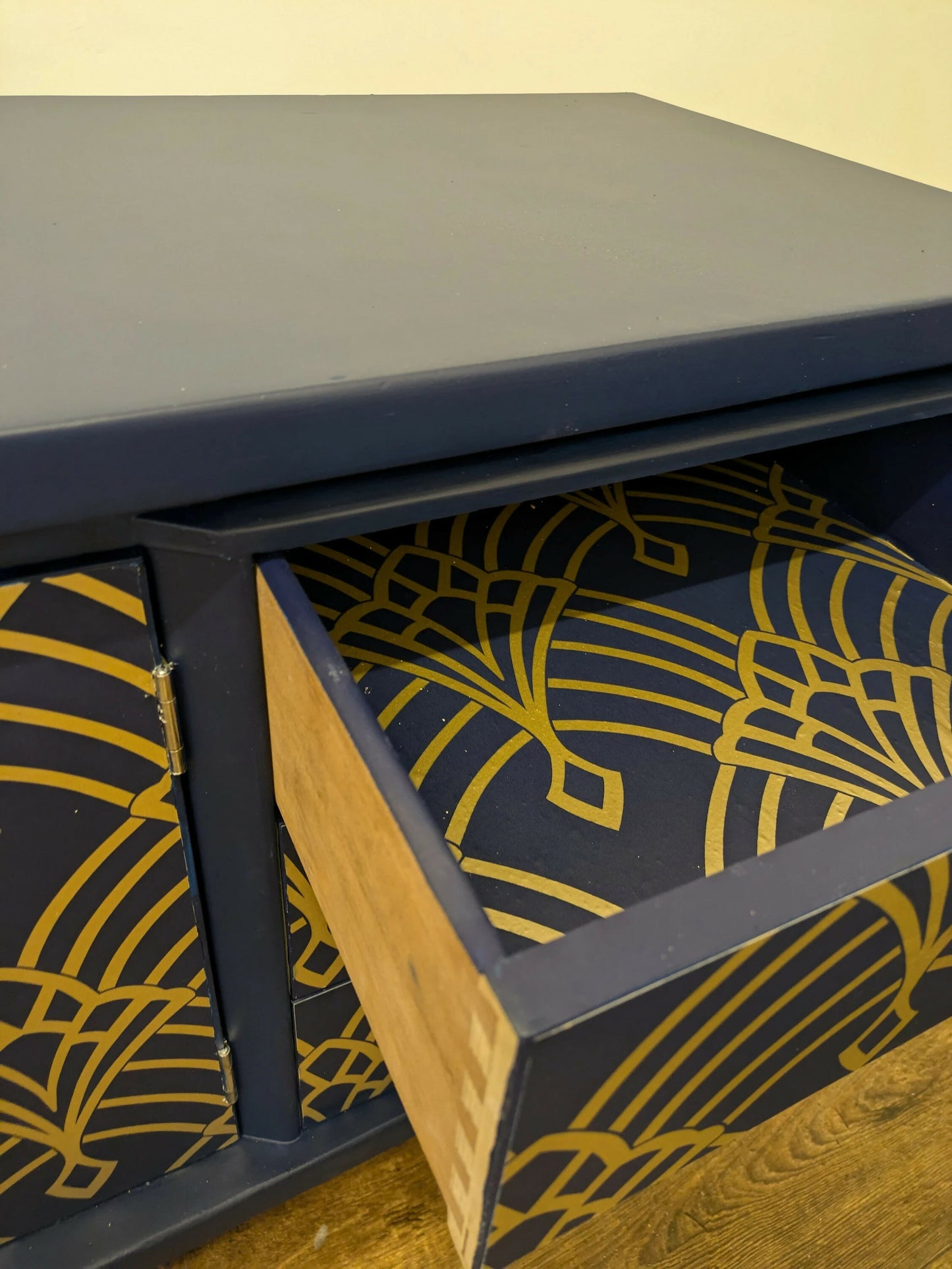 Vintage Midcentury Teak Sideboard: Navy & Gold Art Deco Cabinet