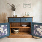 Vintage Solid Pine Blue Painted Sideboard, Hallway Cabinet with Stripe Detail and Floral Interior