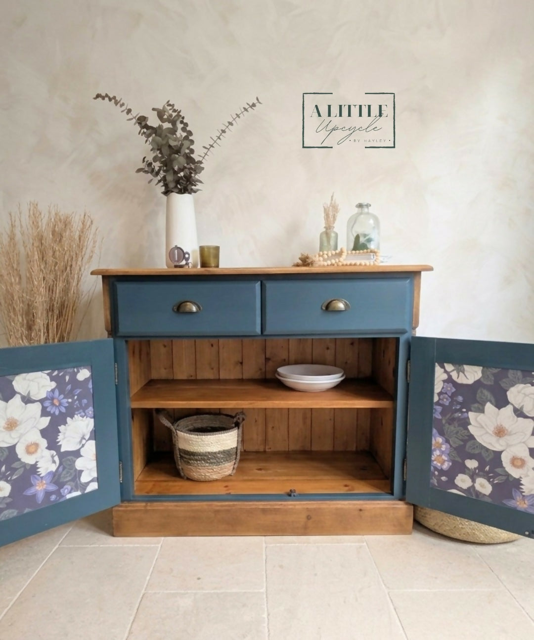 Vintage Solid Pine Blue Painted Sideboard, Hallway Cabinet with Stripe Detail and Floral Interior