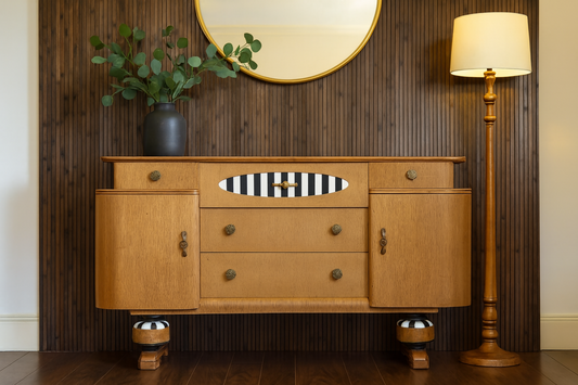 Art Deco Beautility Sideboard. Refinished Oak Cabinet. Striped vintage furniture.