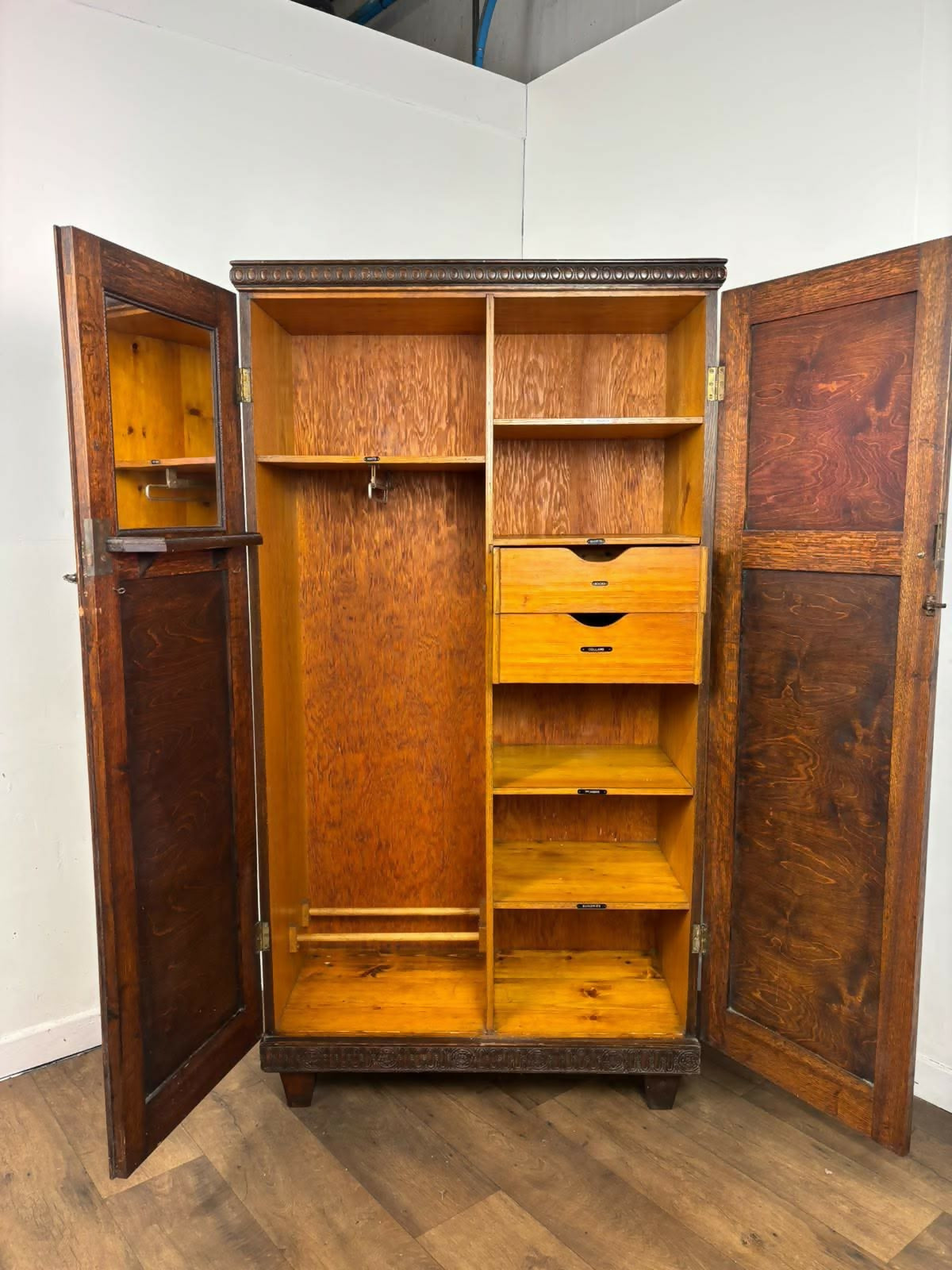 Vintage Oak Fitted Gentleman’s Wardrobe – Original Labelled Interior
