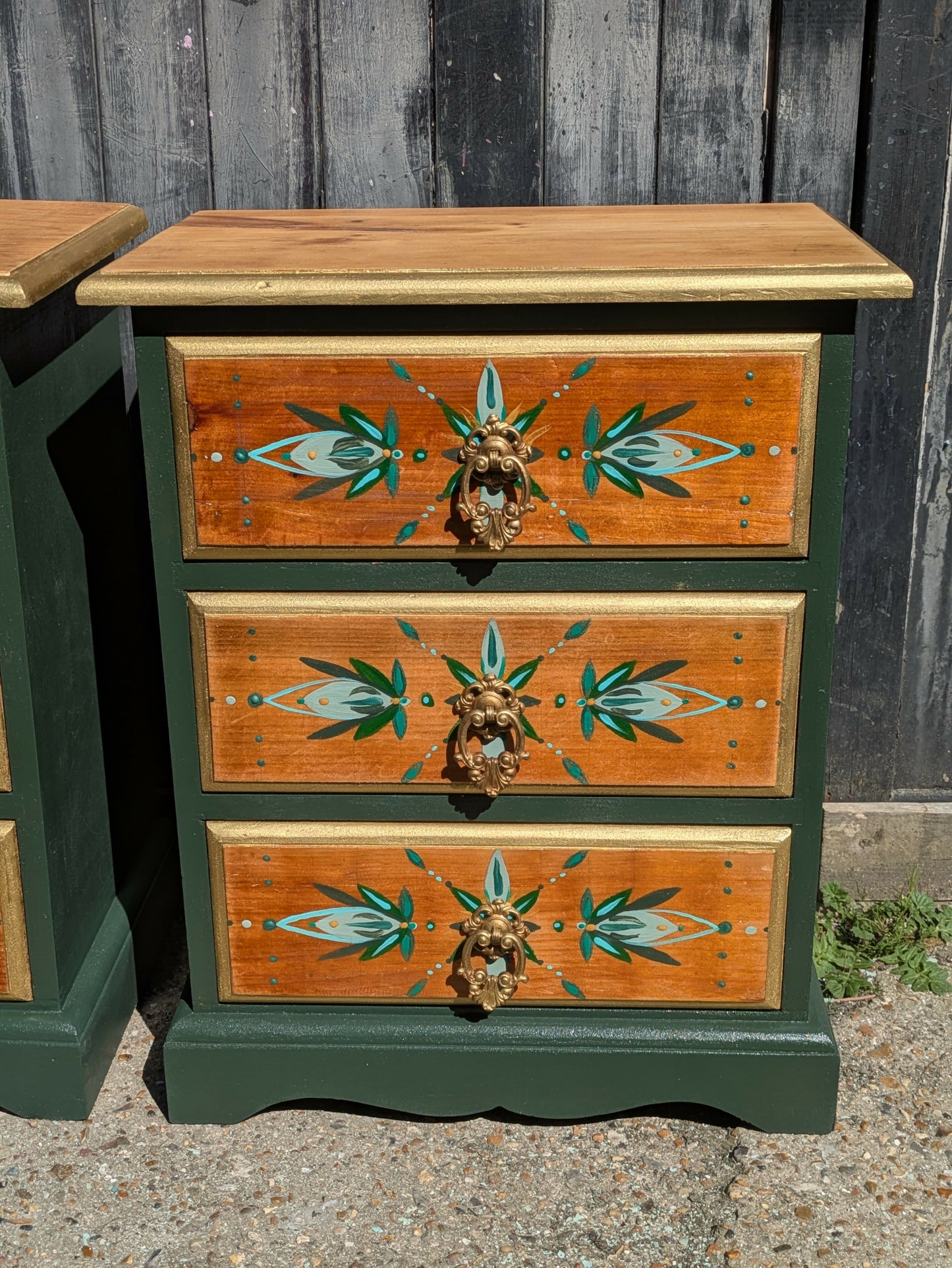 Pair of matching bedside drawers cabinets green gold