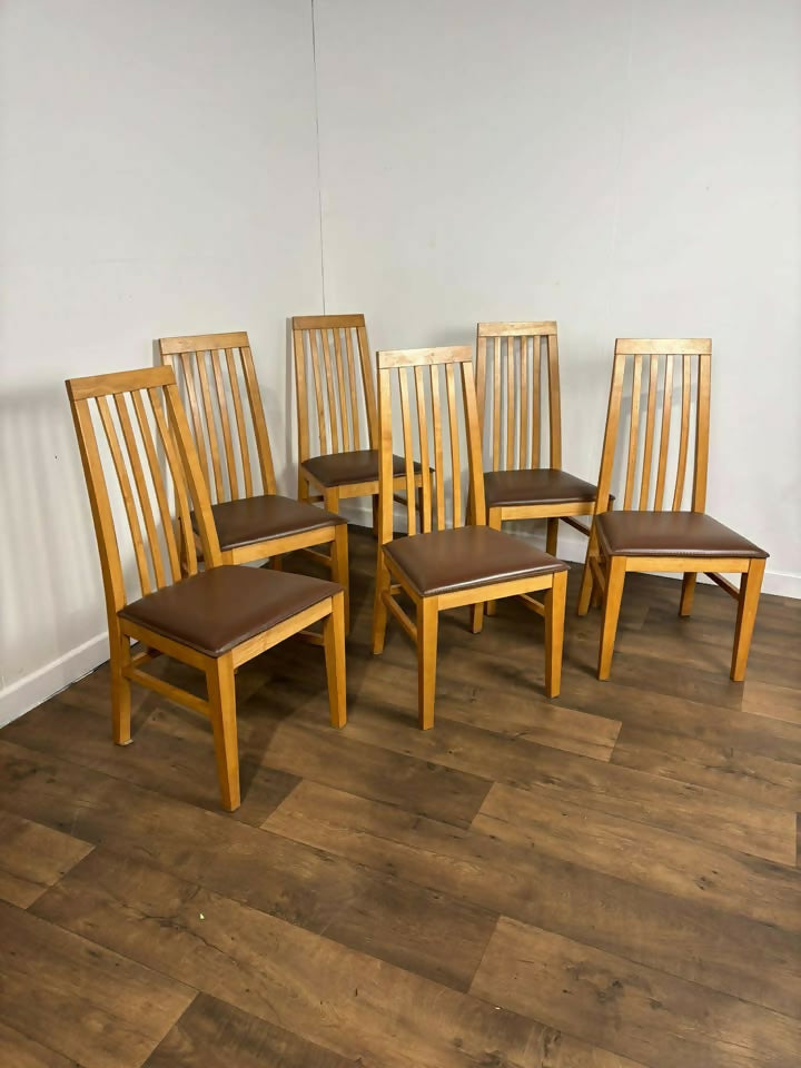 Set Of Six Modern High Back Oak Dining Chairs