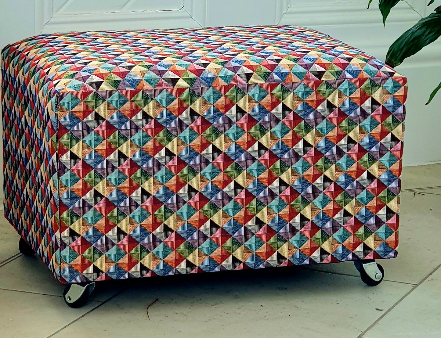 Footstool Pouffe Ottoman on castors Rescued, Restored & Reupholstered in a Modern, Geometric Fabric.