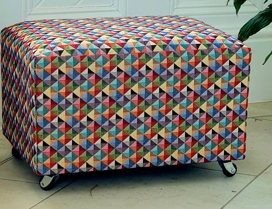 Footstool Pouffe Ottoman on castors Rescued, Restored & Reupholstered in a Modern, Geometric Fabric.