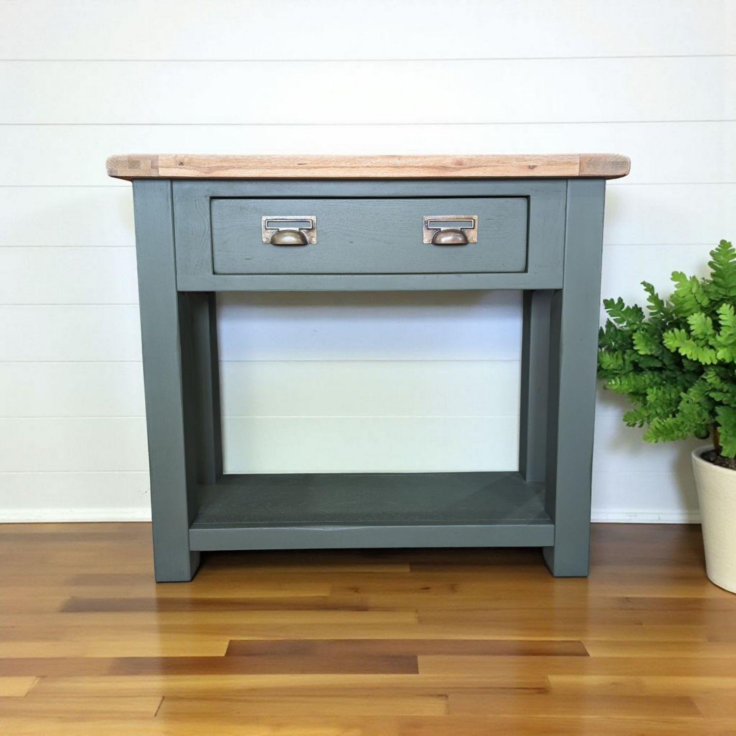 Solid oak green console table rustic hallway table with drawers and shelf