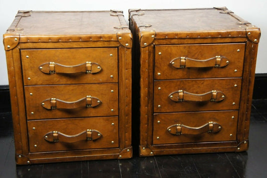 English handmade luxury leather vintage nightstands - matching pair