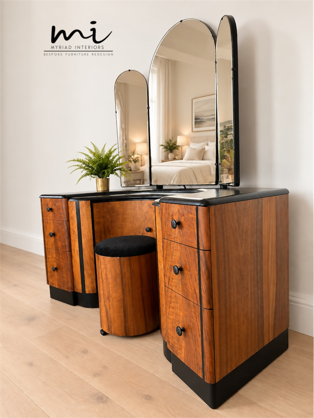 Refinished burl walnut and black Art Deco dressing table set with stool and mirror. Circa 1930 dresser, chest of drawers, art nouveau