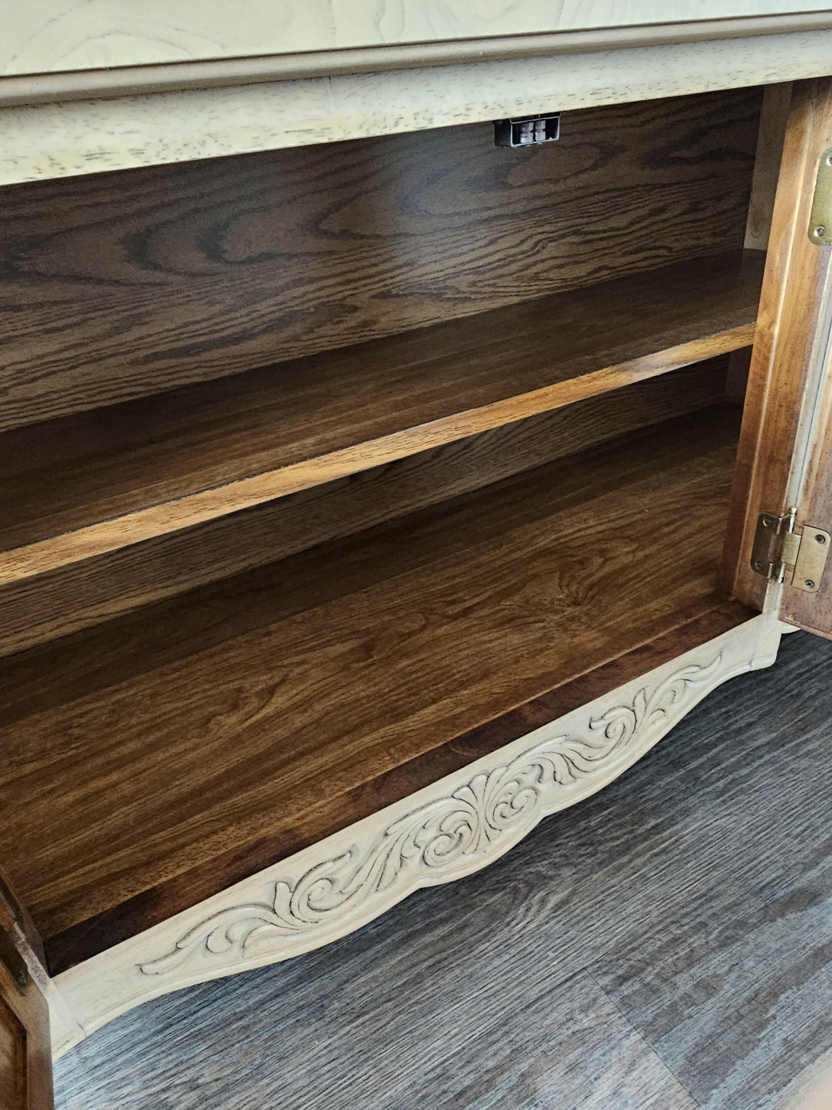 French Provincial Oak Buffet • Carved Details, Original Hardware, Satin Finish