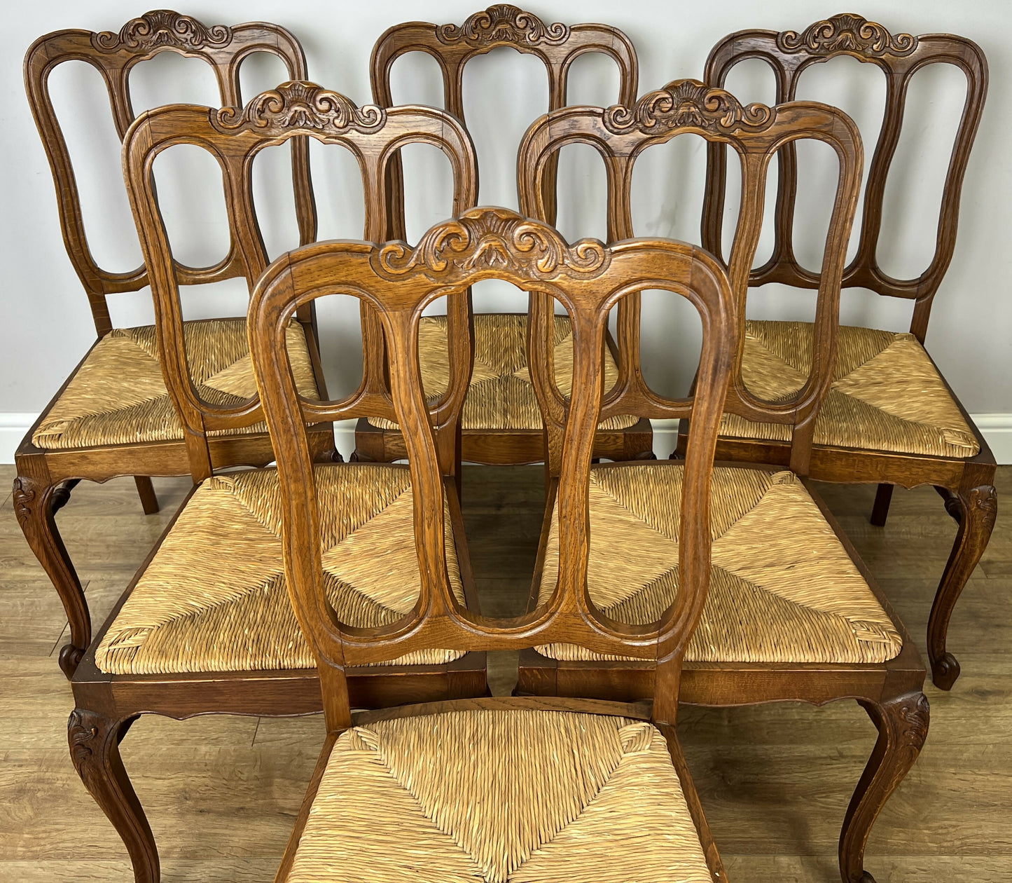 Dining Chairs Vintage French Louis Style Oak Rush Seat Set of 6 Chairs LOT 6348