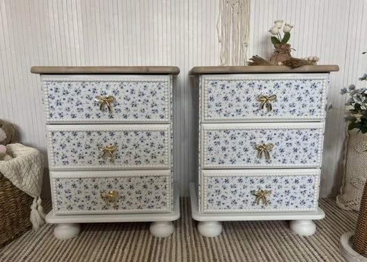 Pair of pine bedside drawers featuring floral decoupage