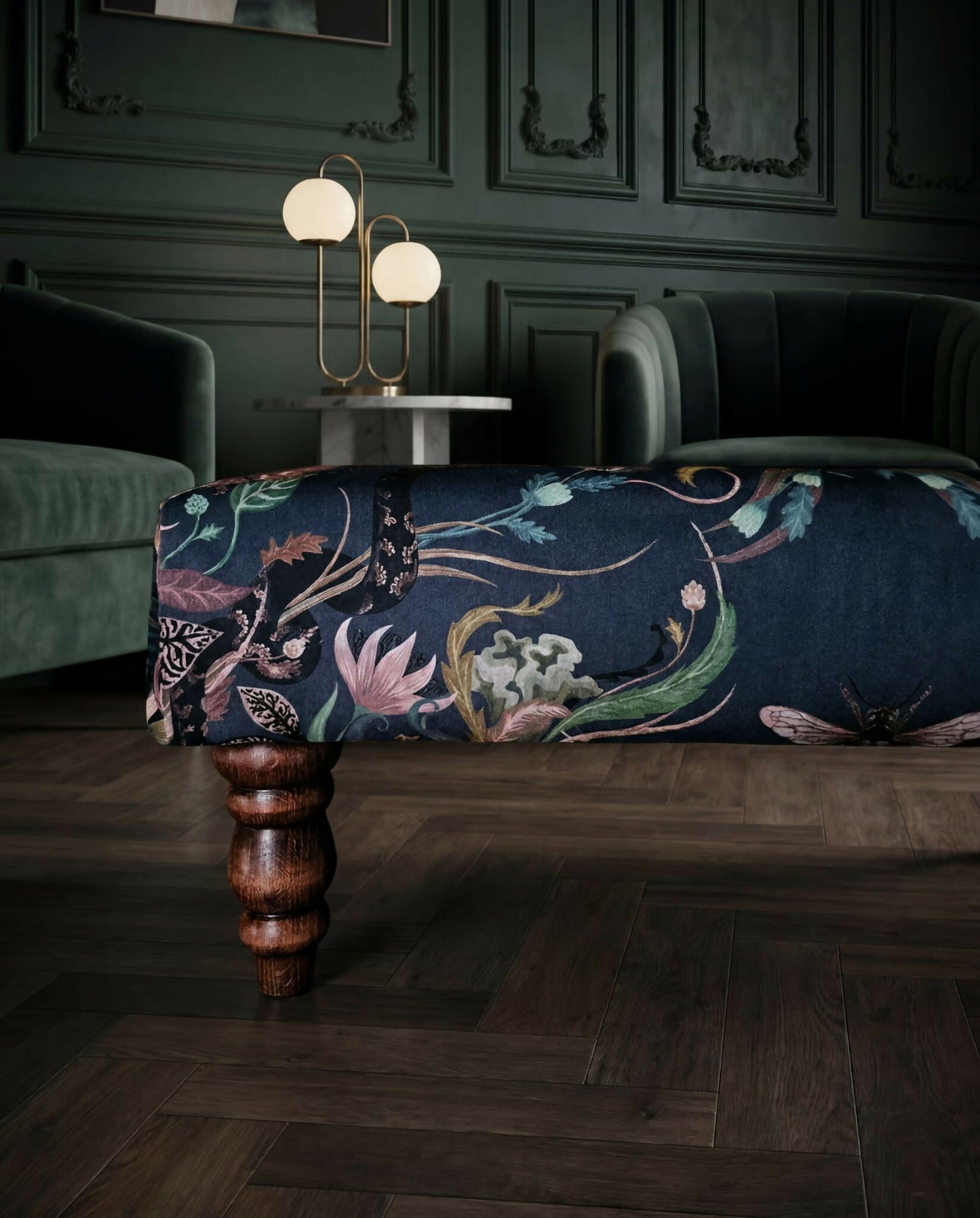 Luxurious handcrafted footstool in Becca Who "Serpentine " fabric
