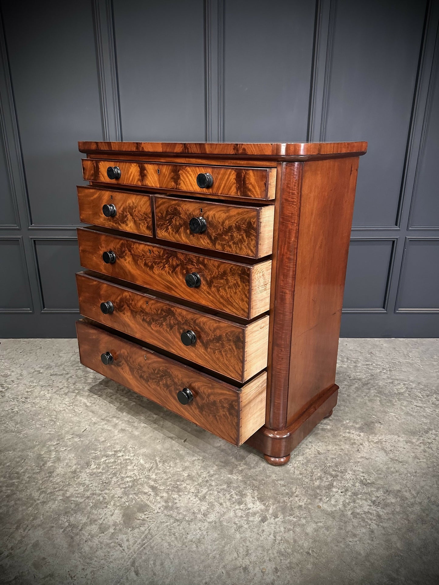 Large Vintage Victorian Tallboy Flame Mahogany Chest Of Drawers