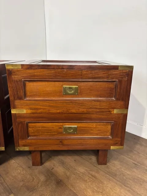 Pair of Campaign Style Hardwood Bedside Chests