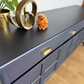 Refinished mid century Nathan sideboard drinks cabinet, navy blue with art deco chinoiserie inspired design, gold, cocktail, tv media unit