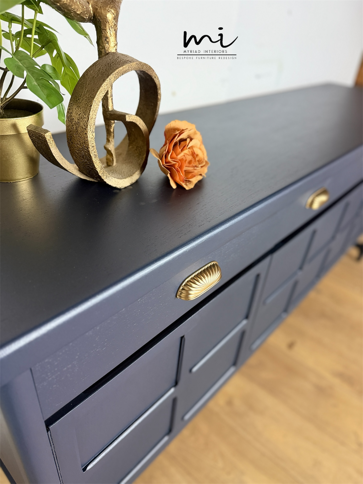 Refinished mid century Nathan sideboard drinks cabinet, navy blue with art deco chinoiserie inspired design, gold, cocktail, tv media unit