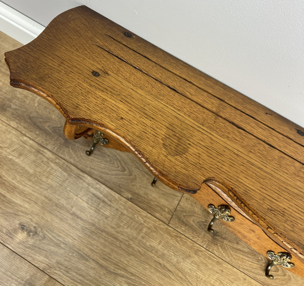 Coat Rack Vintage French Oak 7 Brass Hooks Wall Shelf Coat Hanger LOT 6553