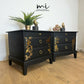 Matt Black Stag Minstrel bedside tables with gold floral and bird design. vintage nightstands. Teatray