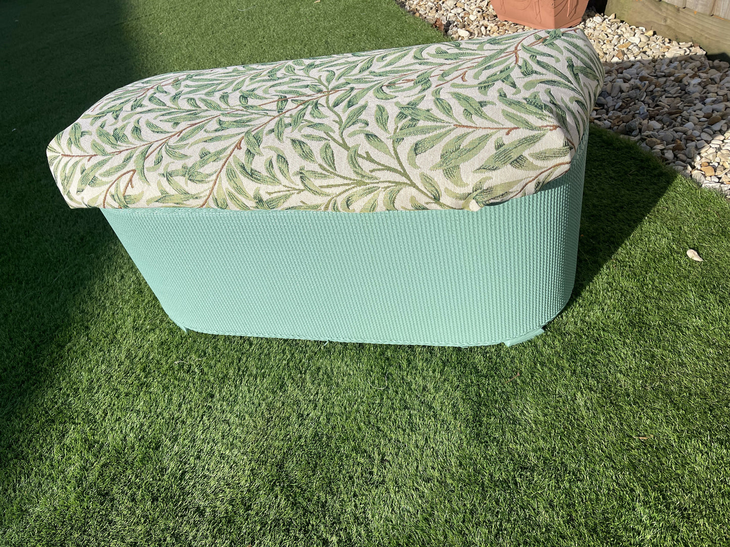 beautiful green repainted mid century storage seat/ ottoman. You choose the fabric from select given.