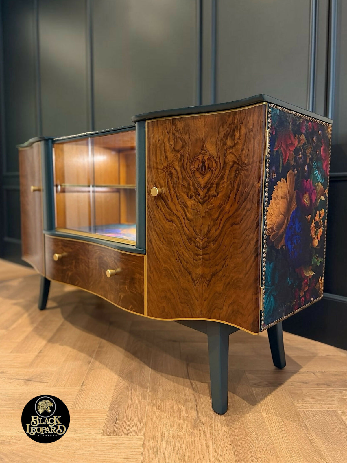 Vintage Art Deco Sideboard TV Console Media Unit | Hand Painted Refurbished Bespoke | Velvet Decoupage Green Gold Botanical Walnut Burl