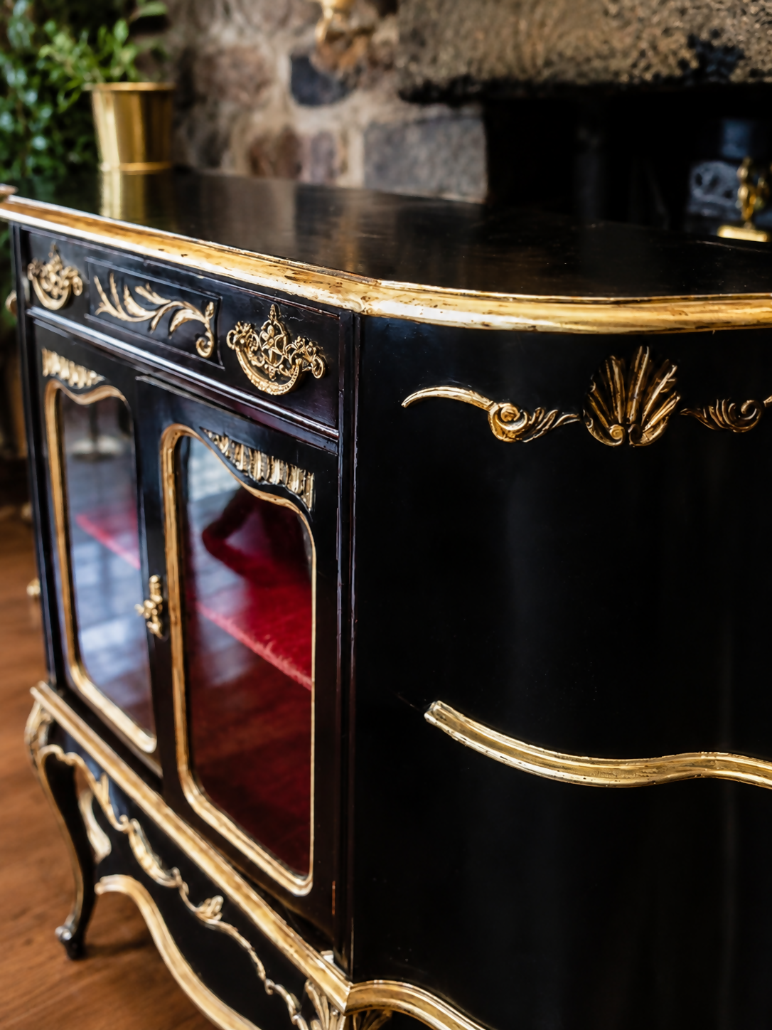 French Style Black & Gold Sideboard / Drinks Cabinet - Red Velvet Interior