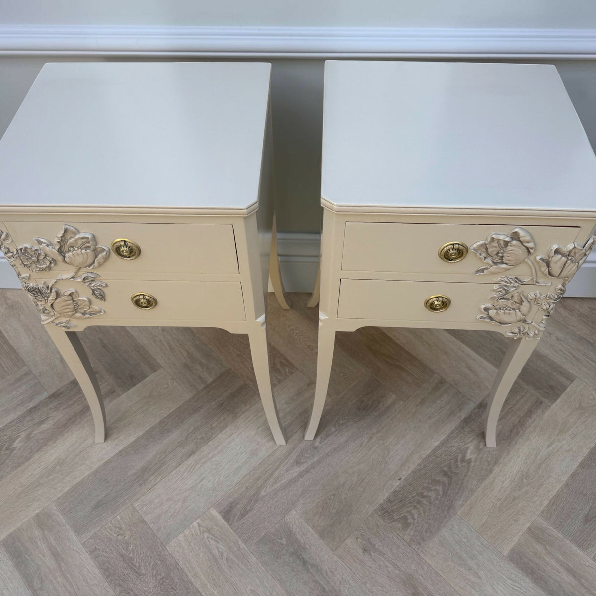 Vintage Hand-Painted Floral Bedside Tables / Resin Botanical Nightstands