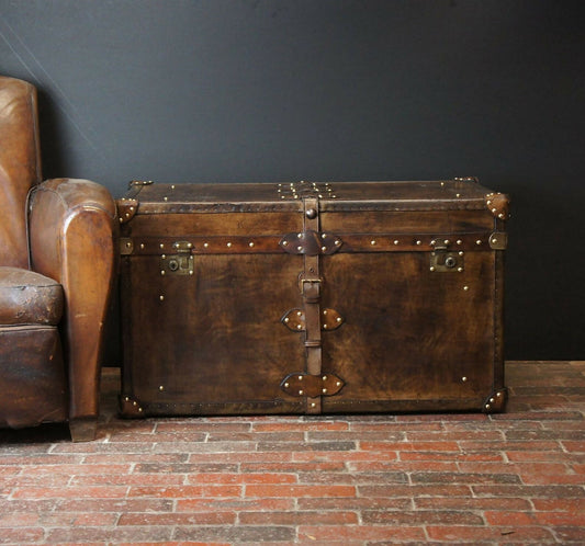 Handmade handcrafted luxury belted coffee table trunk