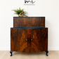 Navy Blue and Gold Art Deco Walnut Drinks Cabinet, cocktail cabinet, 1930s, vintage bar, sideboard, refurbished