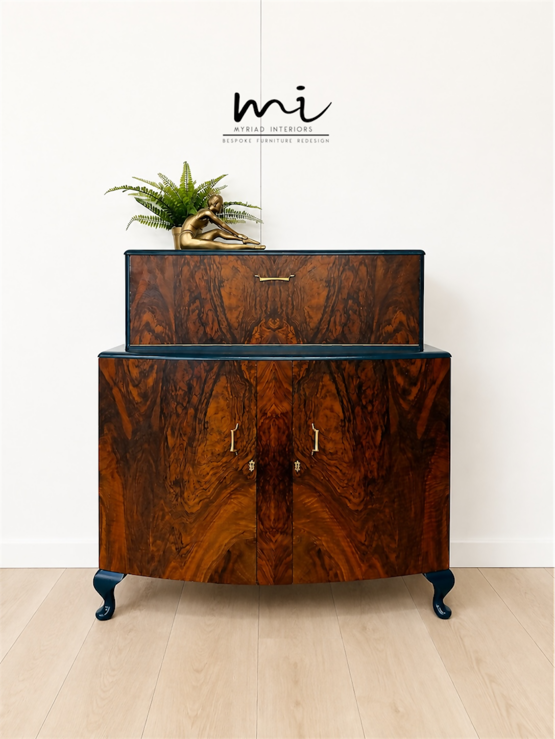 Navy Blue and Gold Art Deco Walnut Drinks Cabinet, cocktail cabinet, 1930s, vintage bar, sideboard, refurbished