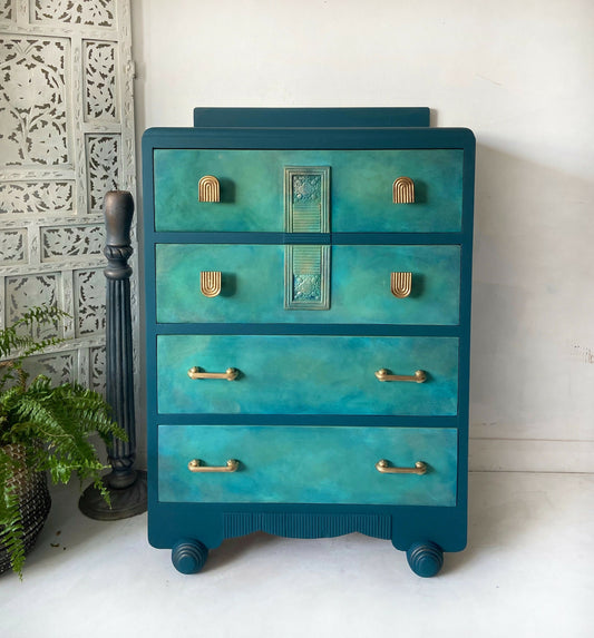 Blue vintage chest of drawers, teal