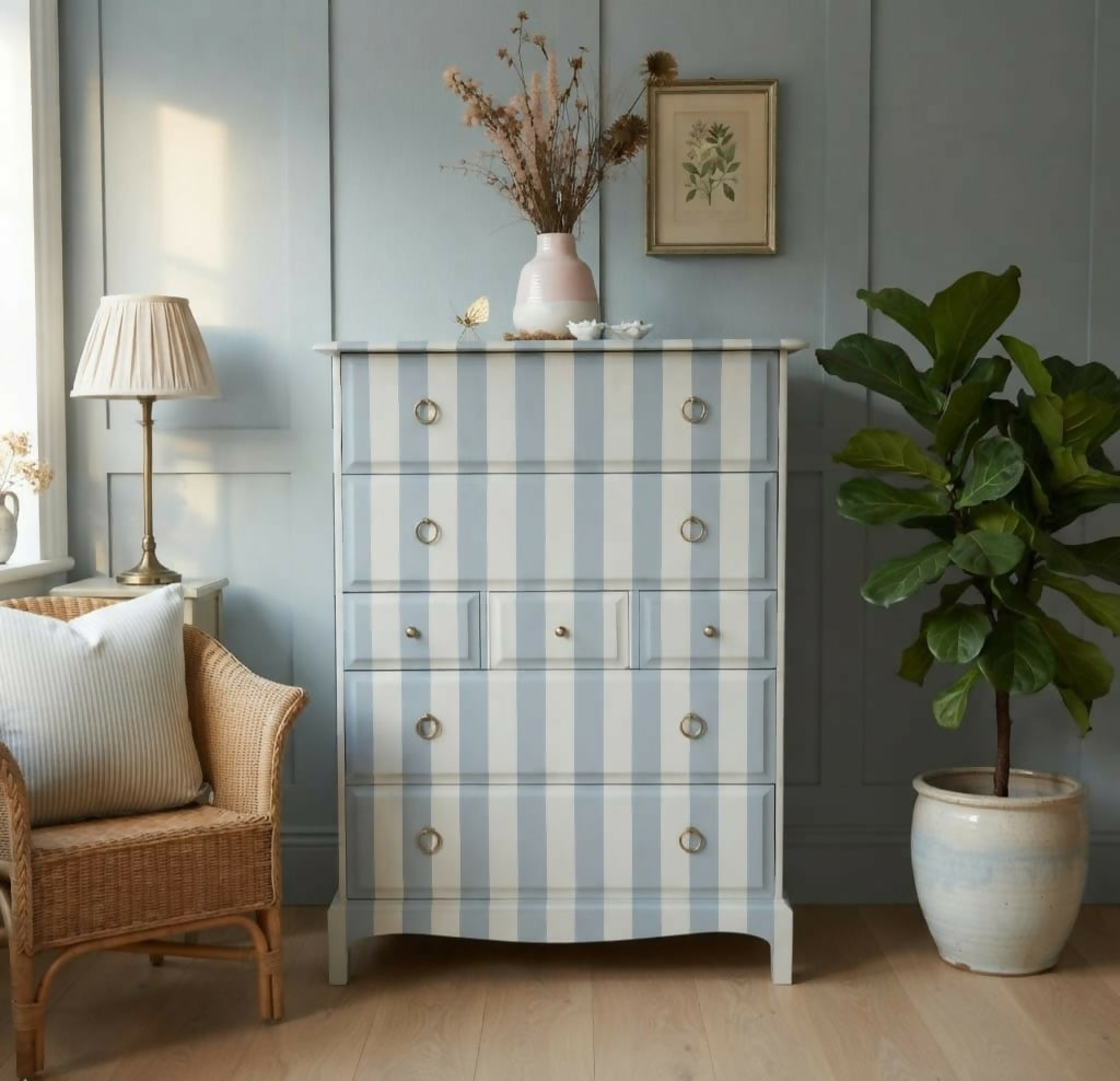 Vintage Hand-painted Stag Minstrel Tallboy, Chest of Drawer Blue & Cream Striped