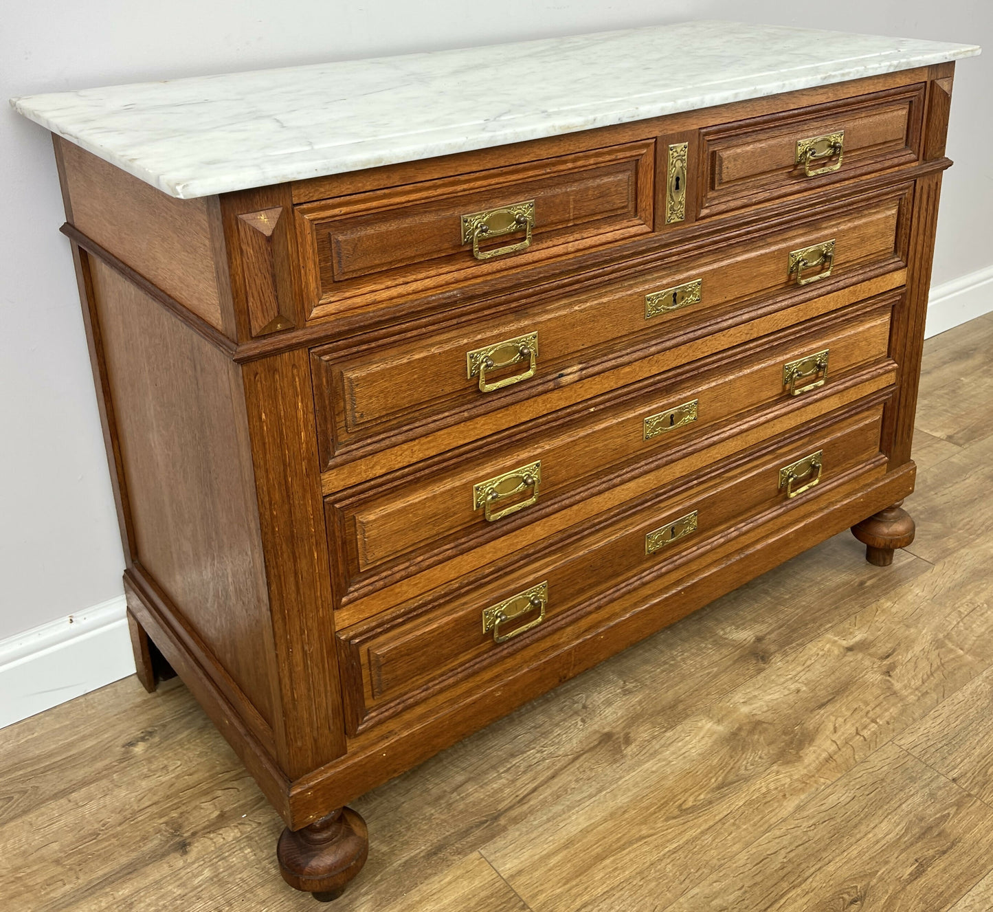 Chest of Drawers Antique French Style Oak Marble Top Carved Cabinet LOT 6448