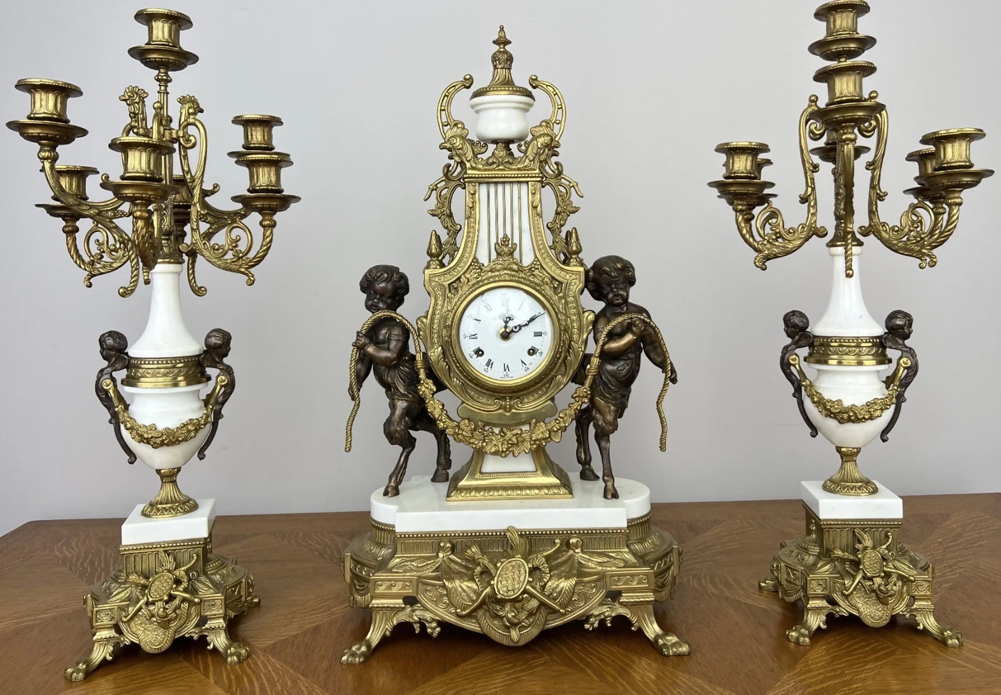 Clock Antique Louis XV Brass Marble Garniture Set With Candelabras LOT 6026