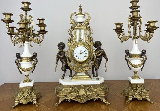 Clock Antique Louis XV Brass Marble Garniture Set With Candelabras LOT 6026