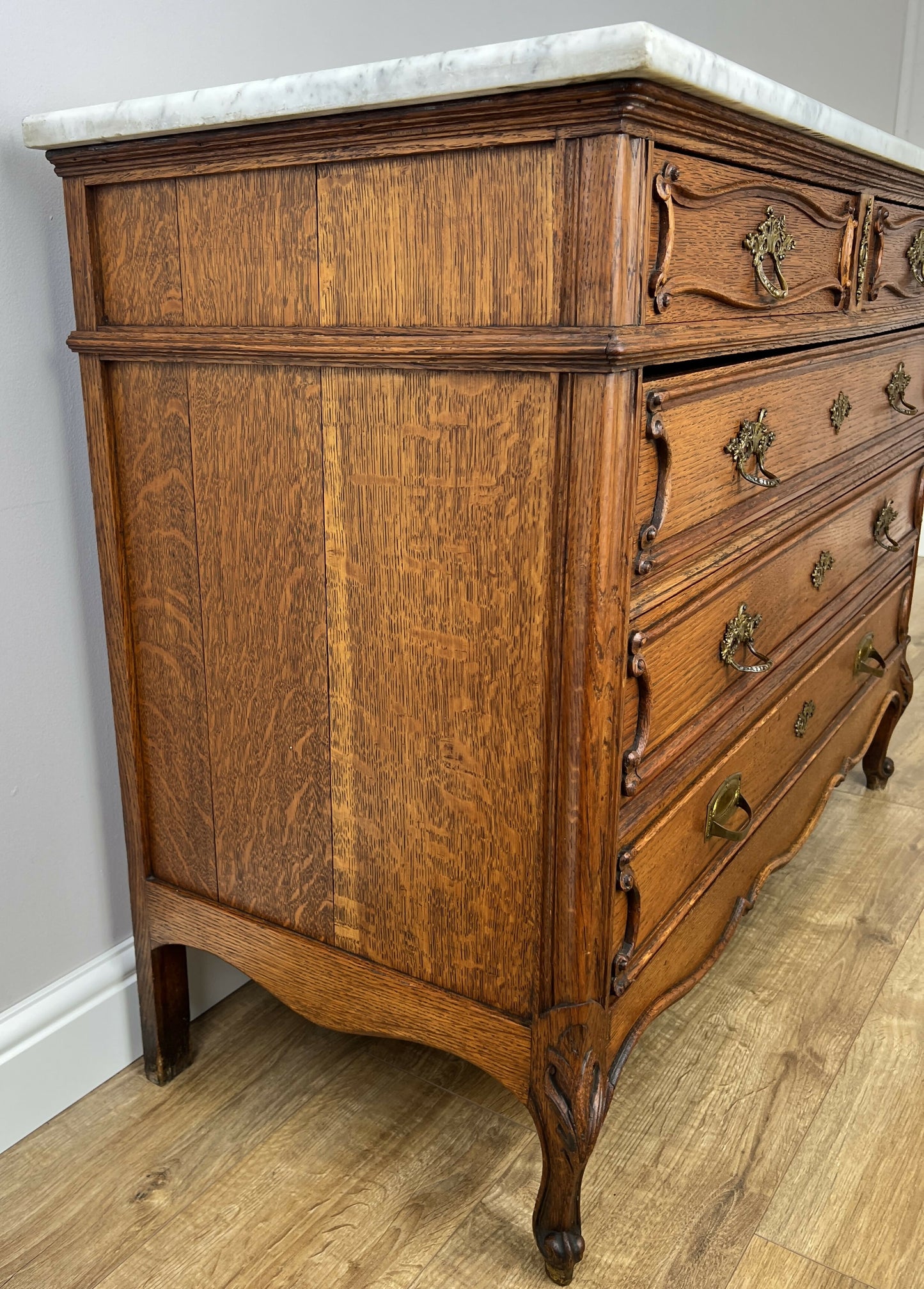 Chest of Drawers Antique French Oak Marble Top 5 Drawers Carved Cabinet LOT 6279