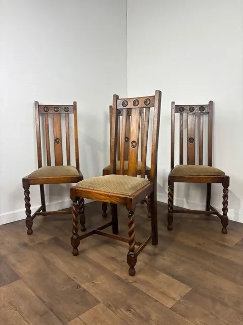 Vintage Set of Four Oak High Back Barley Twist Dining Chairs