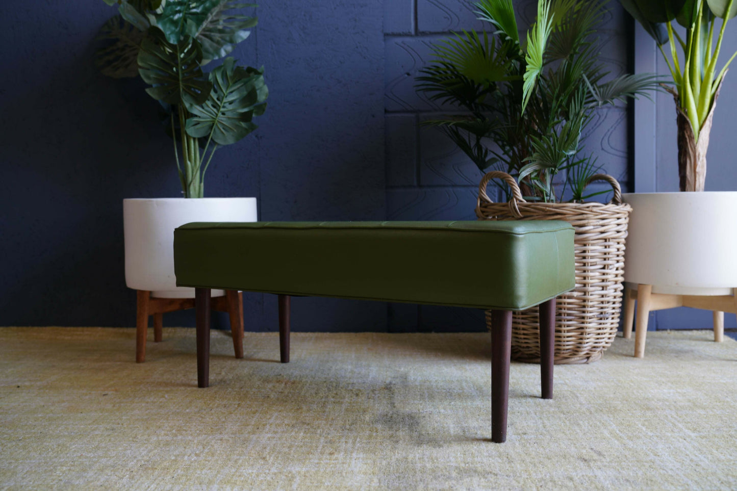 Mid Century Modern Olive Green Vinyl Bench Stool With Tapered Legs