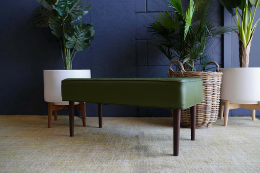 Mid Century Modern Olive Green Vinyl Bench Stool With Tapered Legs