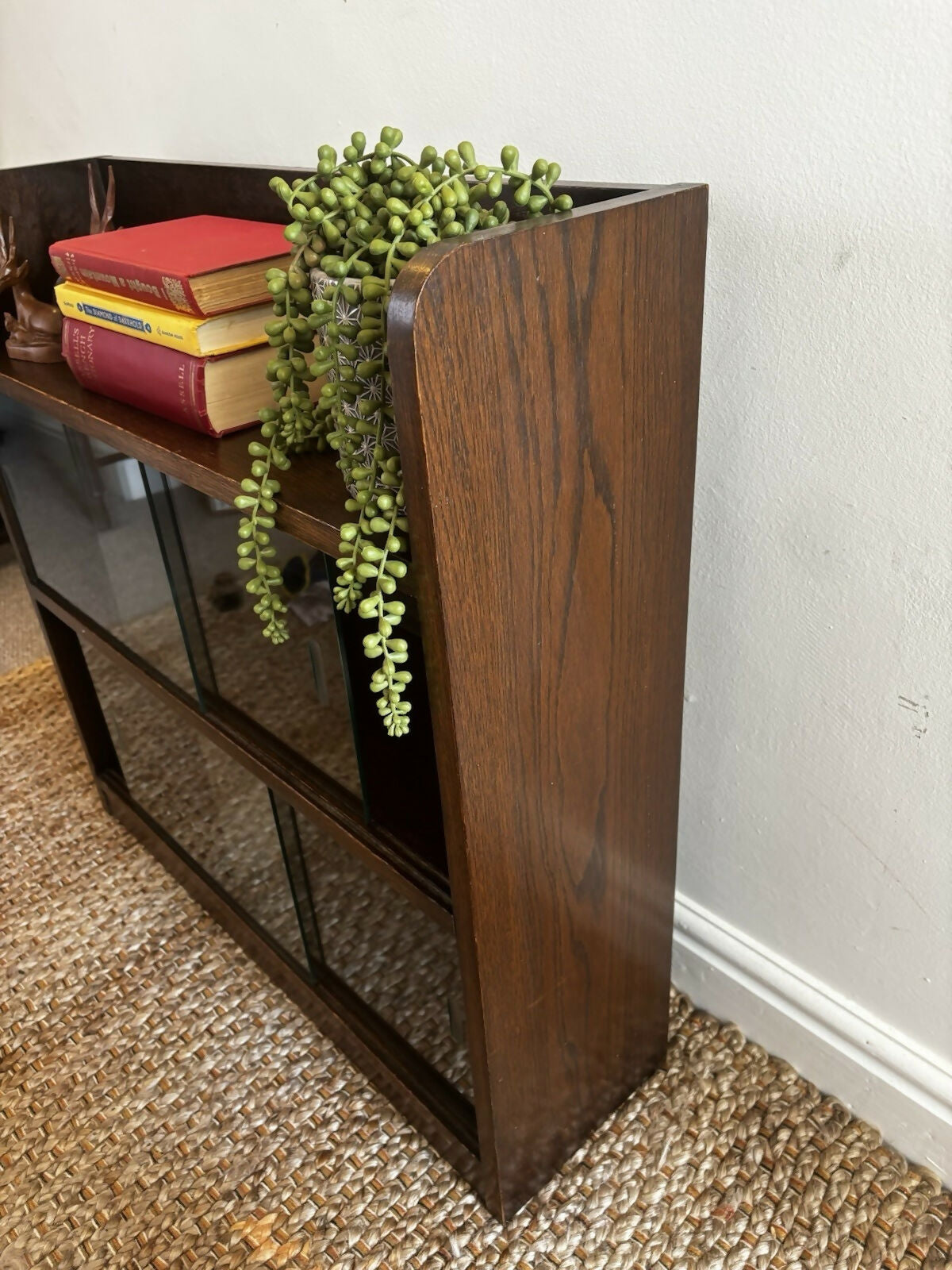 Vintage Mid Century Oak Glazed Bookcase Sliding Glass Doors Display Cabinet 60s