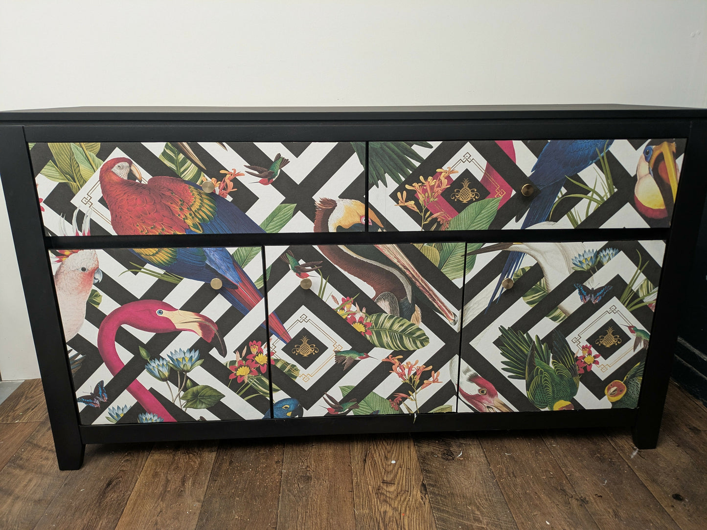 Solid Oak Vintage Sideboard Upcycled Painted Black. Animal Bird Geometric Print